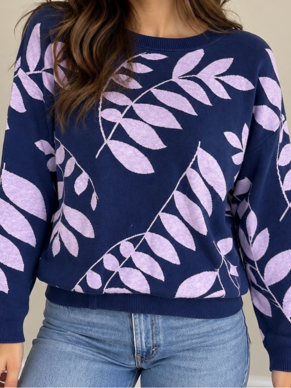 Talbots Navy Crewneck Sweater with Lilac Leaf Pattern